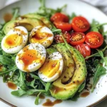 Avocado Arugula Salad with Jammy Eggs & Creamy Balsamic Drizzle