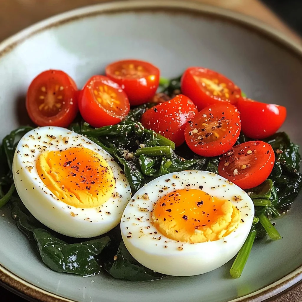 Gallery Detail: Boiled Eggs With Sautéed Cherry Tomatoes Spinach