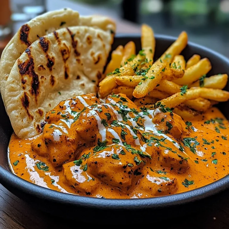 Creamy Butter Chicken with Garlic Drizzle, Fries & Warm Naan
