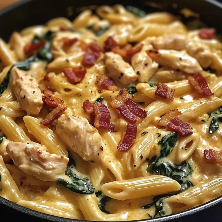Creamy Chicken Pasta with Spinach, Bacon, and Cheese