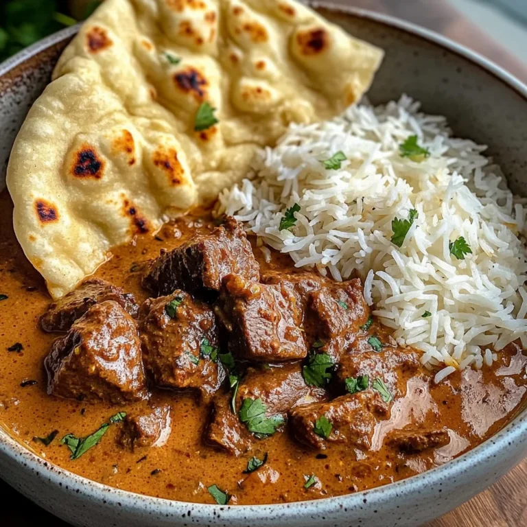 Creamy Coconut Curry Beef with Rice and Garlic Naan