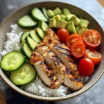 Grilled Chicken Rice Bowl with Avocado, Cucumber & Cherry Tomatoes