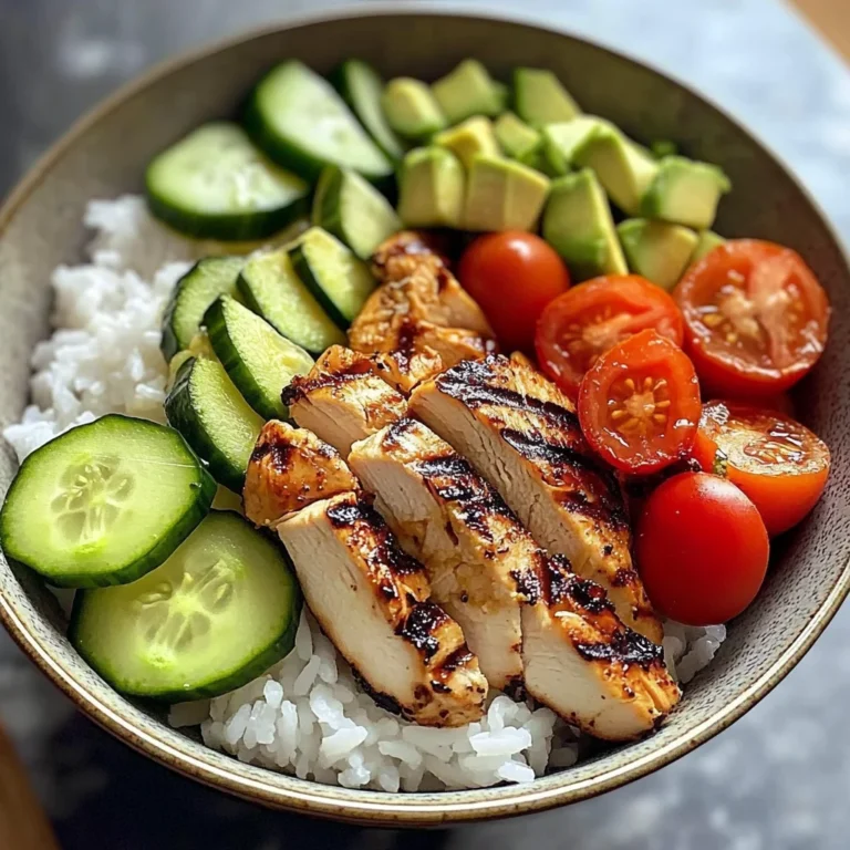 Grilled Chicken Rice Bowl with Avocado, Cucumber & Cherry Tomatoes