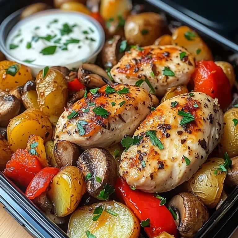 Loaded Garlic Butter Chicken with Roasted Veggies & Creamy Dip