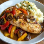 Pan-Seared Chicken with Pepper & Mushroom Gravy and Creamy Mashed Potatoes