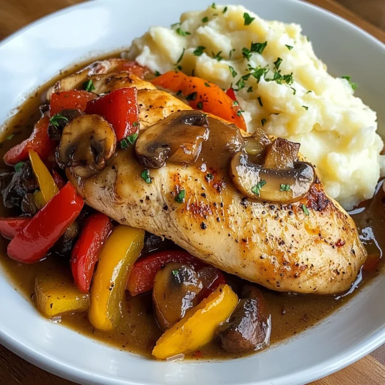 Pan-Seared Chicken with Pepper & Mushroom Gravy and Creamy Mashed Potatoes