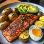 Spiced Salmon with Garlic Herb Potatoes, Avocado & Soft-Boiled Eggs