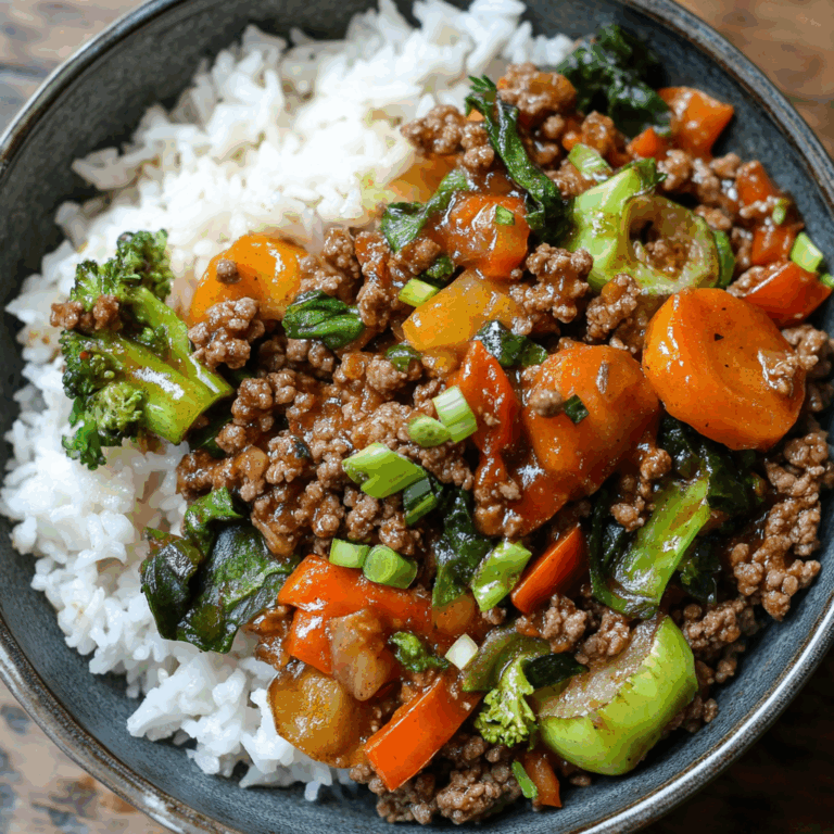 Spicy Ground Beef Stir-Fry Bowl with Garlic Veggies & Steamy Rice