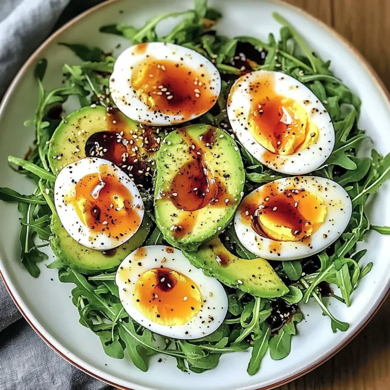 Avocado Arugula Salad with Jammy Eggs & Creamy Balsamic Drizzle
