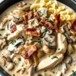 Creamy Slow Cooker Chicken Bacon Stroganoff with Mushrooms & Herbed Noodles