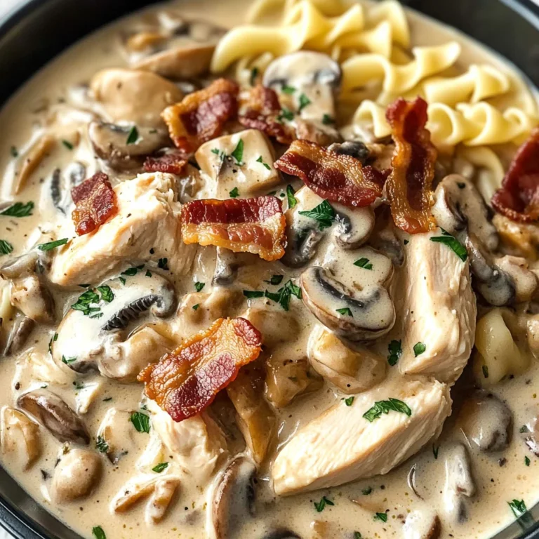 Creamy Slow Cooker Chicken Bacon Stroganoff with Mushrooms & Herbed Noodles