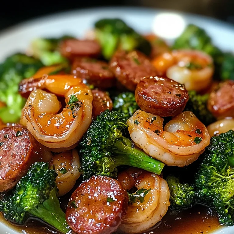 Honey garlic shrimps, sausage and broccoli